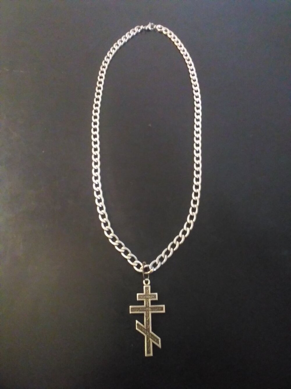 Curb Steel chain with, Rare Silver Russian Cross,